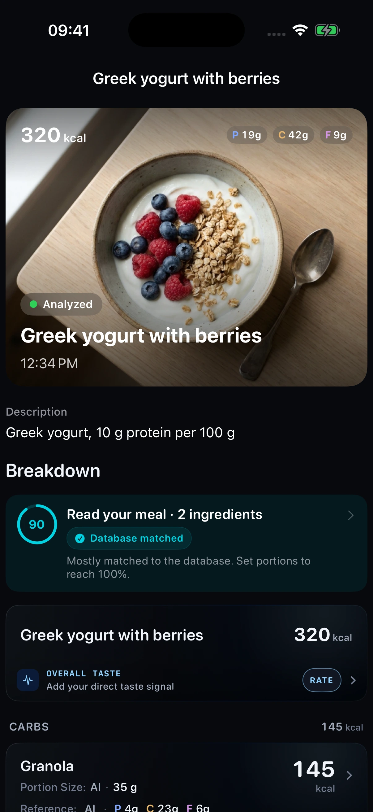 MyBodyLab meal breakdown: food photo, 320 calories, 19g protein, 42g carbs and 9g fat. Sample data.